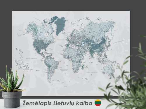 Lietuviu kalba pasaulio zemelapis melynas ant drobes